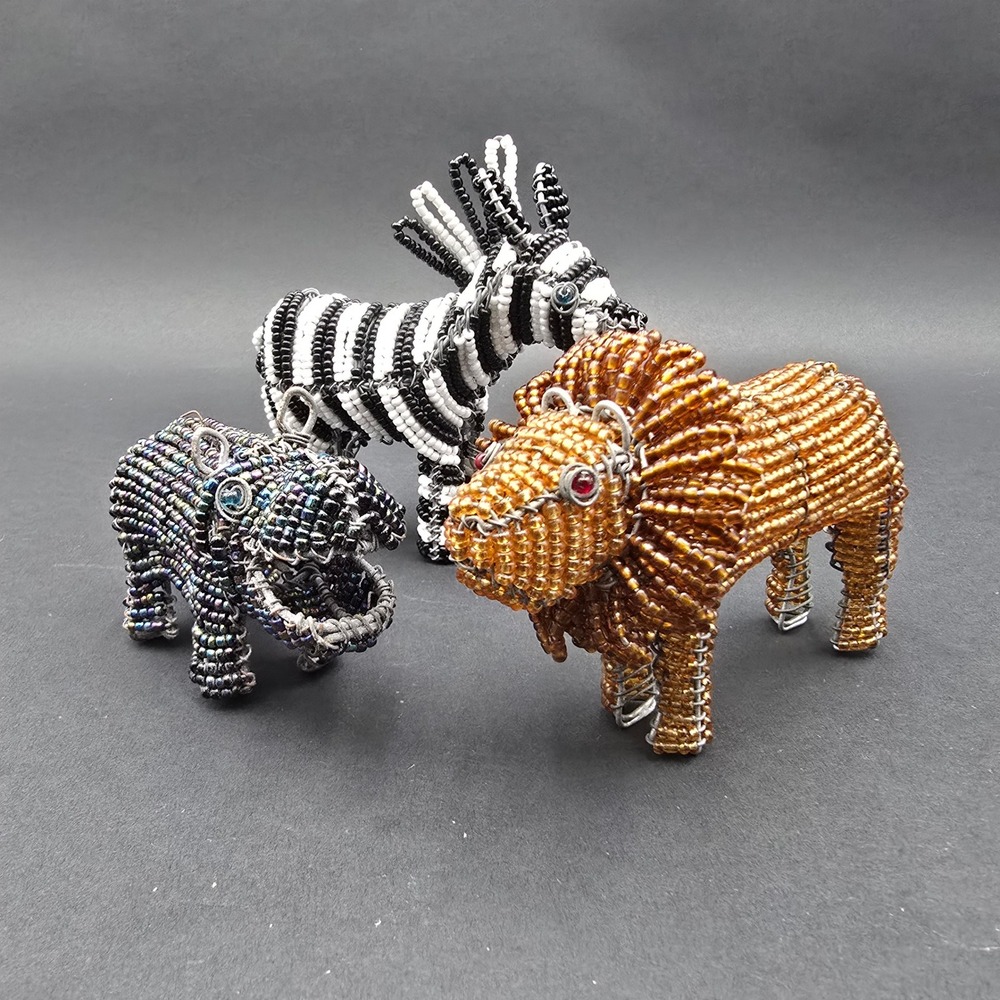 African Wire Bead Animal Figurines Set Lion Zebra Hippo Safari Folk Art 3pc - Picture 12 of 12